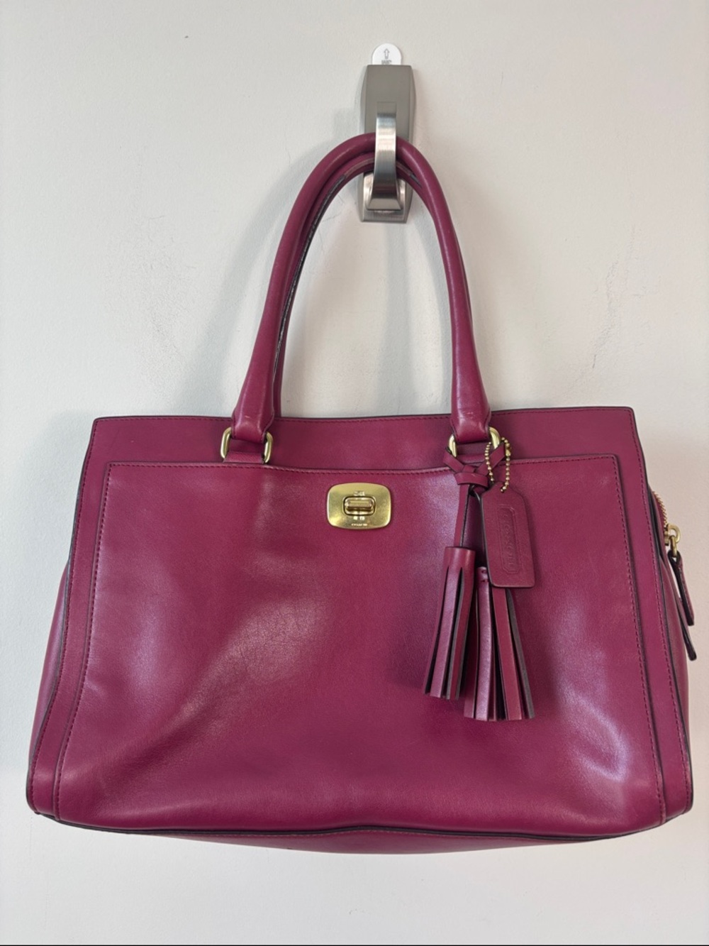 Coach Legacy Chelsea Leather Satchel Tote with Tassel in Raspberry Magenta